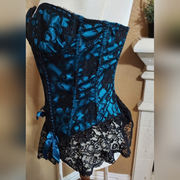 Frederick's of Hollywood Teal & Black Lace Bustier Corset Lingerie Size 36 Sexy - Picture 6 of 8